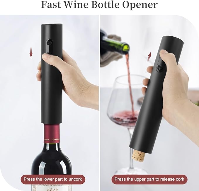 Battery Operated Electric Wine Opener Set by ELMWAY, Electric Corkscrew with Storage Base/Aerator Pourer/Foil Cutter/Vacuum Stopper, Wine Set Gift for Wine Lover - Black (4 x AA Not Included)