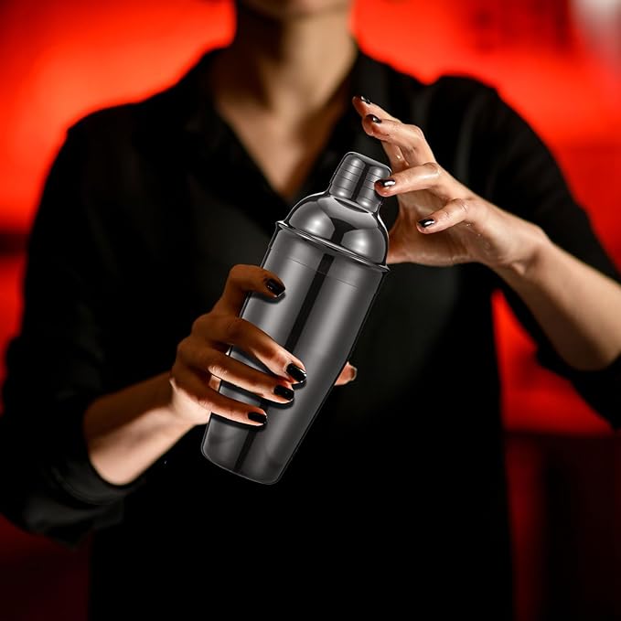 Nitial 6 Pcs Bar Cocktail Shaker Professional Stainless Steel Martini Drink Mixer Built-in Strainer for Bartending No Leaks Shaker for Bar Party Drink Mixer (Black,25 oz)