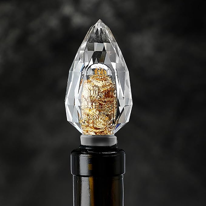 100% Glass Wine Stopper, Clear Decorative Crystal Gold Foil Wine and Beverage Bottle Stopper, Drip Shape Wine Bottle Stopper for Kitchen Wine Décor, Made of Premium Glass and Silicone, 1Pcs