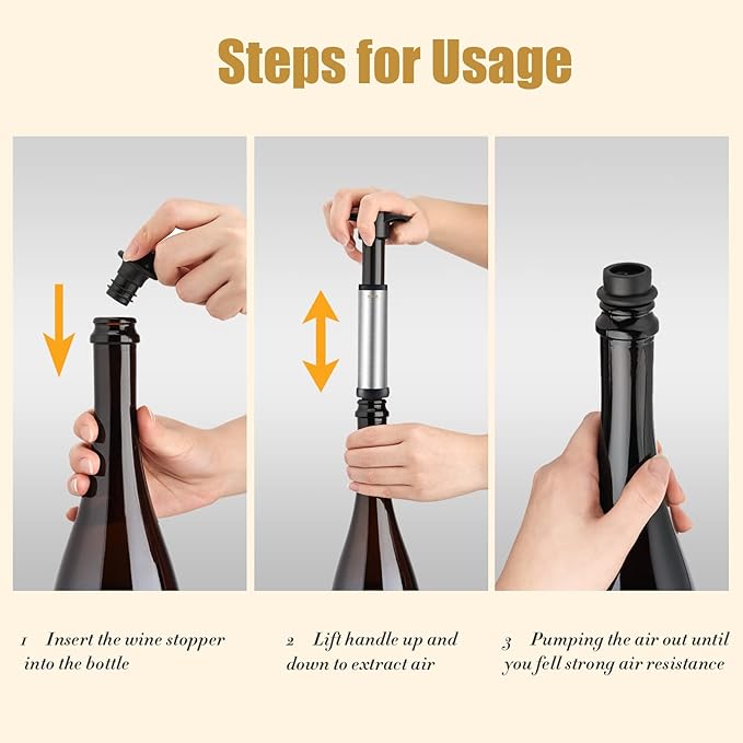 OWO Wine Vacuum Pump and 4 Stopper, Wine Save & Preserver, Reusable Air Remover Pump, Keeps Fresh (Stainless Steel)