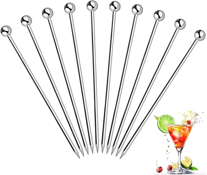10Pcs Cocktail Picks, Stainless Steel Metal Martini Picks, Skewers for Appetizers & Toothpicks for Appetizers, Reusable Cocktail Picks for Drinks, Olives & Fruit