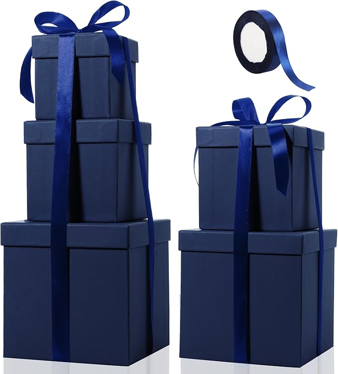 Cholemy 5 Pcs Square Nesting Boxes Decorative Gift Boxes with Lid and Ribbon Assorted Sizes Wrap for Wedding, Carnival, Anniversary, Birthday, Bridal Shower Party Gifts(Navy Blue)