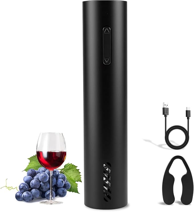 Electric Wine Opener, Rechargeable Battery Operated Wine Bottle Opener with Foil Cutter, One-click Corkscrew Remover for Home, Kitchen, Party, Wedding - Black