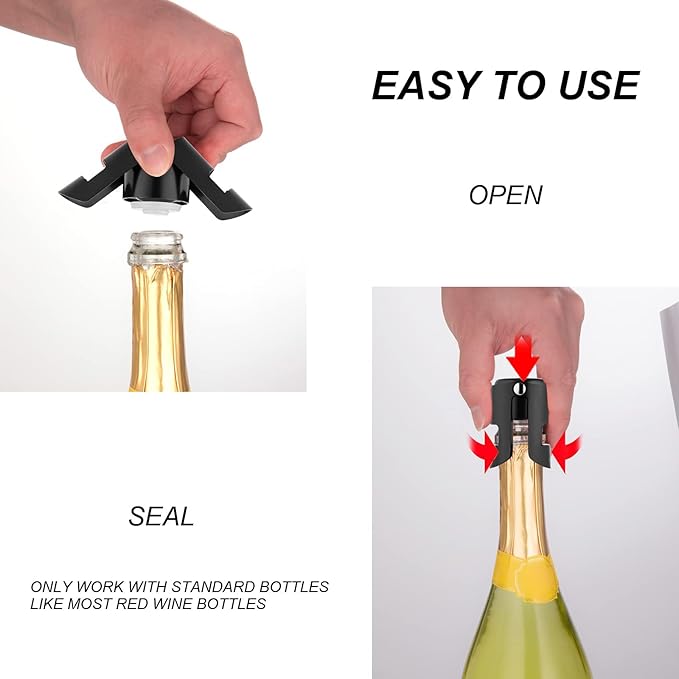 OWO Champagne Bottle Stoppers Stainless Steel, Reusable Champagne Cork & Saver Stopper, Leak Proof Prosecco & Sparkling Wine Plug, Bubble Retention Protection（Black, 2 Pack）