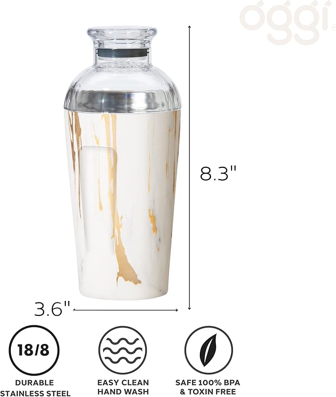 OGGI Groove Insulated Cocktail Shaker-17oz Double Wall Vacuum Insulated Stainless Steel, Tritan Lid has Built In Strainer, Ideal Cocktail Mixer, Martini Shaker, Margarita Shaker, Gold Marble