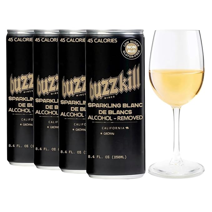Buzzkill Wines Non-Alcoholic Sparkling Blanc de Blancs | Dealcoholized California Dry White Wine, Gluten-Free, Alcohol-Free, Low Sugar, 45 Calories, Pack of 4, (8.4 fl. oz. each can) 33.8 FL Oz