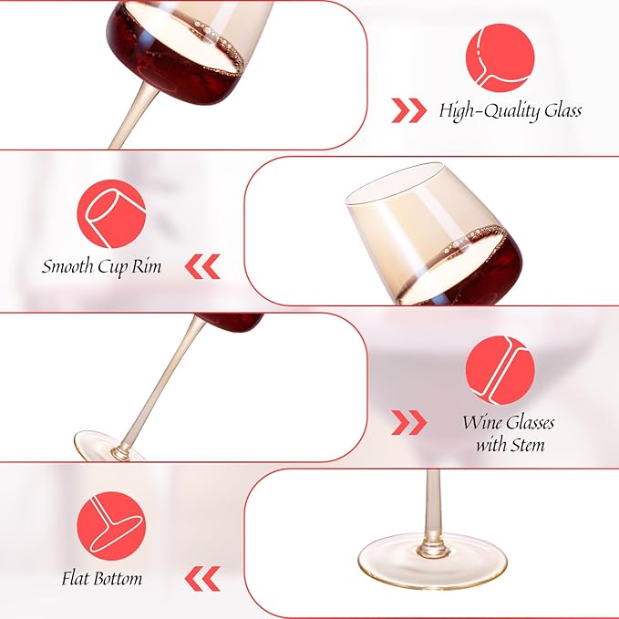 KAMMAK Wine Glasses Set of 2, 9.47 oz Hand Blown Crystal Bordeaux Wine Glasses, Thin Rim & Long Stem, Perfect for Red & White, Daily Use, Wedding or Birthday Gift with Gift Box, XH-H240 Amber