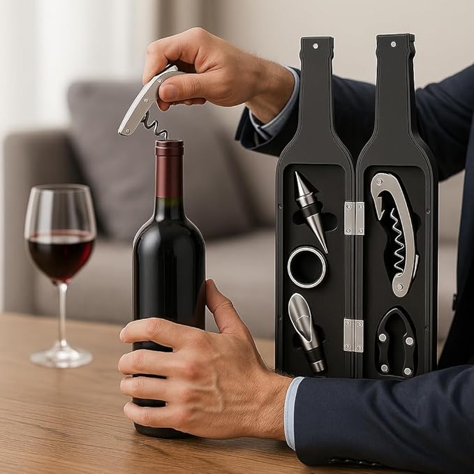 Wine Accessories Gift Set – 5-Piece Bottle-Shaped Wine Opener Kit with Corkscrew, Foil Cutter, Drip Ring, Wine Pourer & Stopper – Wine Lover Gift for Men & Women