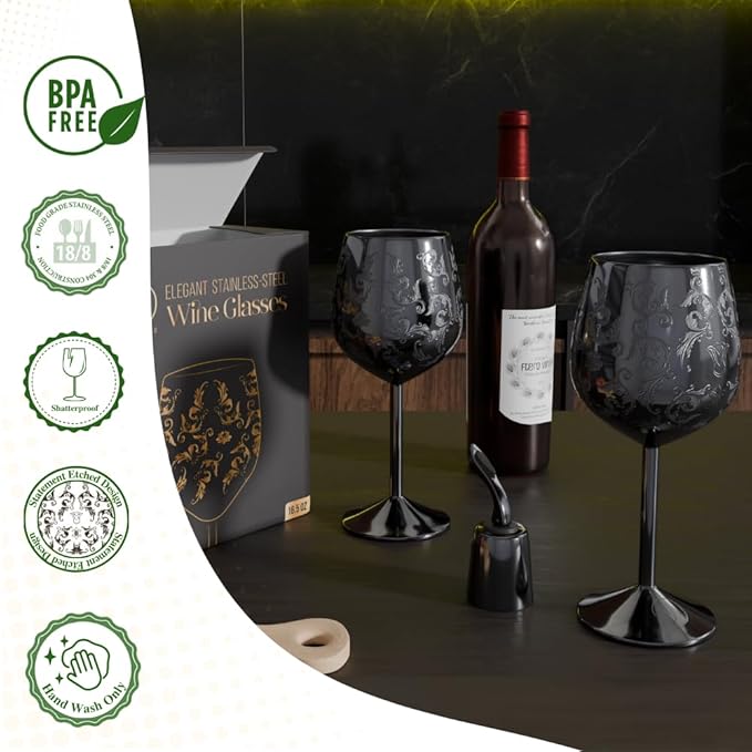 Mother’s Day Gift for Mom – Set of 2 glossy black Stainless Steel Wine Glasses, 17oz Engraved Goblets with Bottle Stopper, Unbreakable Elegant Wine Cups, Gift for Women, Wife, Mom, Sister