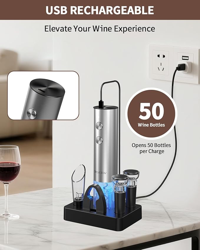 CIRCLE JOY Electric Wine Opener Rechargeable, 6-in-1 Stainless Steel Electric Cordless Wine Bottle Opener with Pourer & Foil Cutter, 2 Vacuum Preservation Stoppers and Base, Gift for Home, Party, Bar