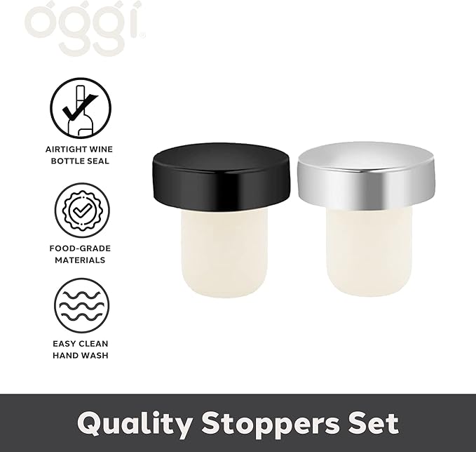 OGGI T-shaped Wine Corks, 2-pc Set, Reusable & Low Profile for Wine & Beer Bottles DIY Craft (Black, Silver)