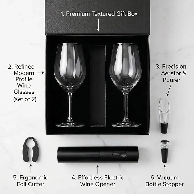 Custom Wine Glasses Set - 6pc Engraved Wine Glasses with Electric Opener, Wine Accessories, and Luxury Box