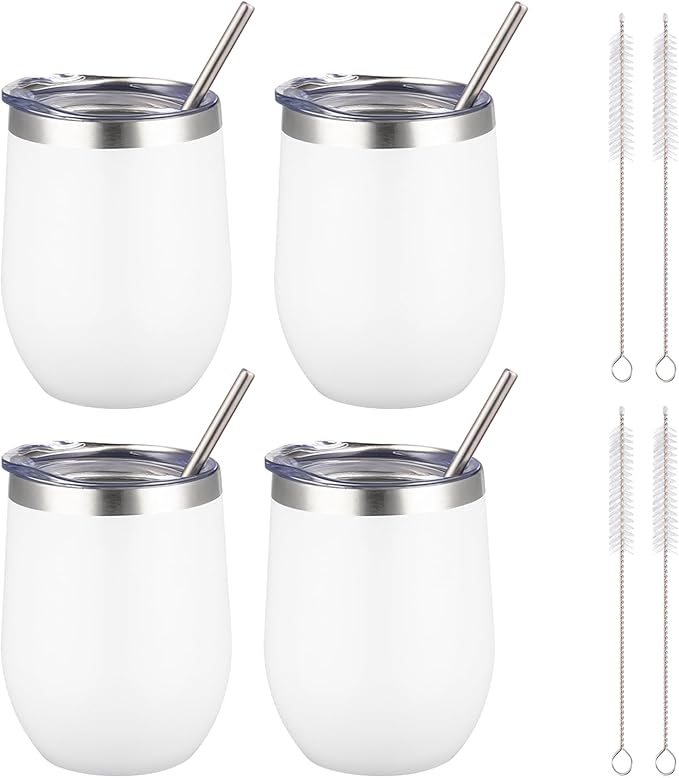 12 oz Insulated Wine Tumbler with Lid and Straw,Stainless Steel Stemless Wine Tumbler Glasses Double Wall Vacuum Wine Cups Tumbler Bulk for Coffee,Cocktail,Office (White,4)