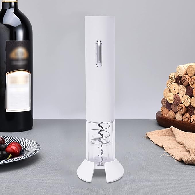 Electric Wine Opener, Automatic Corkscrew Opener with Foil Cutter, Battery Operated, One-Touch Operation, Space-Saving Design, White