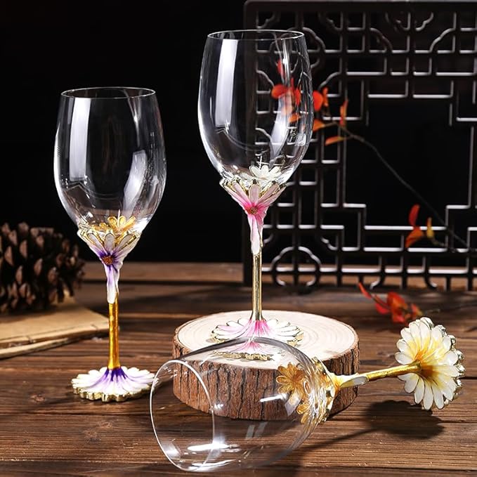 Simcat Handmade Painted Enamel Flower Glass Wine Glasses Transparent Refined Goblet, Stem For Cabernet, Gifts (purple single gift box,small flower)