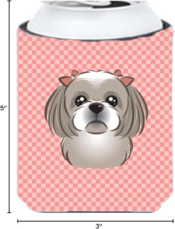 Caroline's Treasures BB1250CC Checkerboard Pink Gray Silver Shih Tzu Can or Bottle Hugger Cooler Washable Drink Sleeve Collapsible Beverage Insulated Holder, Can Hugger, Multicolor