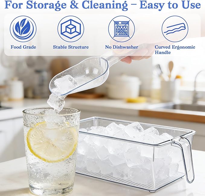 2 Pack Clear Ice Bucket for Freezer, Ice Cube Storage Bin with Flexible Handle, Ice Holder for Freezer, Scoop & Tongs Set, Fridge Container, Home Bar Organization (11.8 x 8.1 x 3.54 Inches)