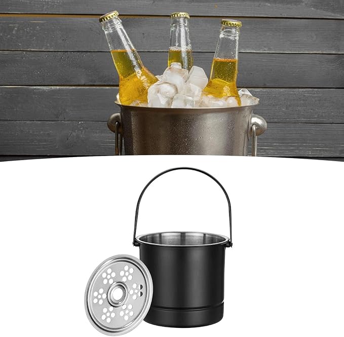 1L Ice Bucket, Professional Thickened Stainless Steel Ice Container with Filter Plate and Carrying Handle, Portable Chiller Bin Basket Black for Bar Parties Restaurant Bar(14x13.8x12.5cm)