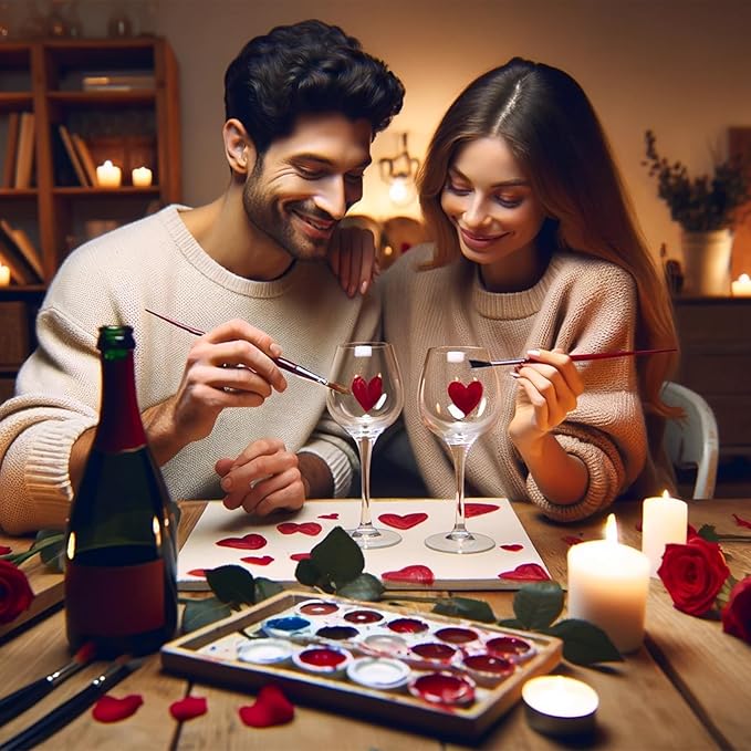 Wine Glass Painting Gift Set Do it Yourself! Creative Glassware Paint Kit Date Nights Two Wine Glasses & Accessories - Mother, Son, Daughter or Date Night - Valentines Day - DIY Winter Lover Gift