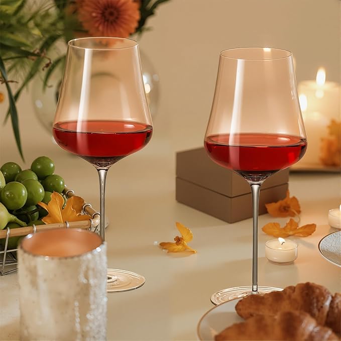 KAMMAK Wine Glasses Set of 2, 16.23 oz Hand Blown Crystal Bordeaux Wine Glasses, Thin Rim & Long Stem, Perfect for Red & White, Daily Use, Wedding or Birthday Gift with Gift Box, 05