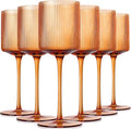 Amber Colored Square Wine Glasses Set of 6, Elegant Ribbed Design Amber Crystal Glassware with Long Stem, 11.5oz Hand Blown Red & White Wine Stemware For Home Dinner Party Wedding Housewarming Gift