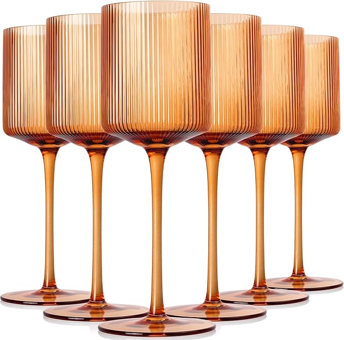 Amber Colored Square Wine Glasses Set of 6, Elegant Ribbed Design Amber Crystal Glassware with Long Stem, 11.5oz Hand Blown Red & White Wine Stemware For Home Dinner Party Wedding Housewarming Gift