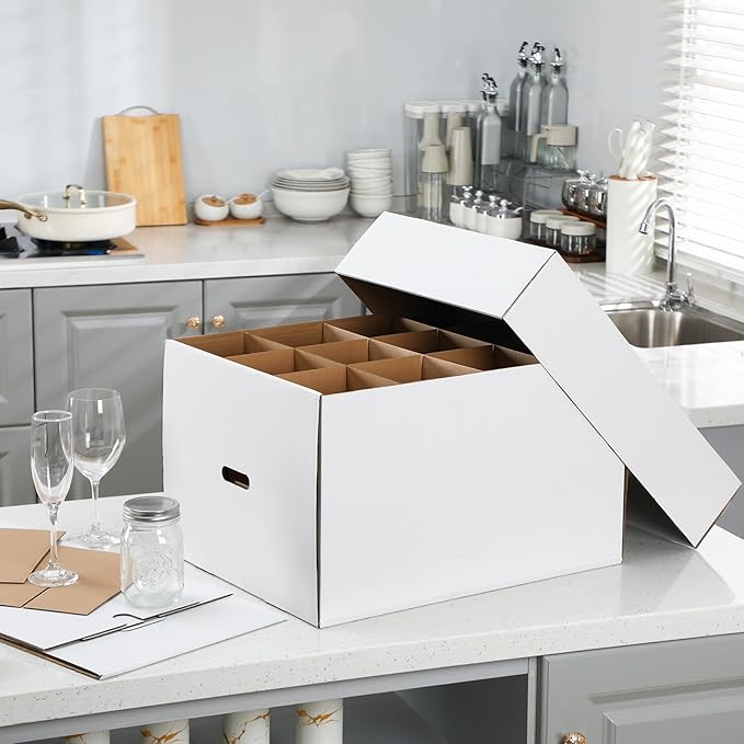 Feifeiya 4 Pack Wine Glass Moving Boxes Kitchen Moving Boxes with Handle Kitchen Kit with Lid for Dish Glassware(White,20 x 15 x 12 Inches)