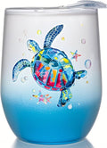 Sea Turtle Insulated Wine Tumbler for Women, Birthday Gift for Sea Turtle Lovers, 12 oz Stainless Steel Beach Wine Glass Mug Cup with Lid and Straw, Ocean Beach Gifts for Mom Best Friends Coworker