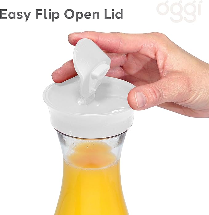 OGGI Clear Carafe w/Flip Open Lid - Ideal Juice Bottle, Clear Pitcher with Lid, Tea Pitcher, Water Carafe, 1.6 Lt(54Oz), White