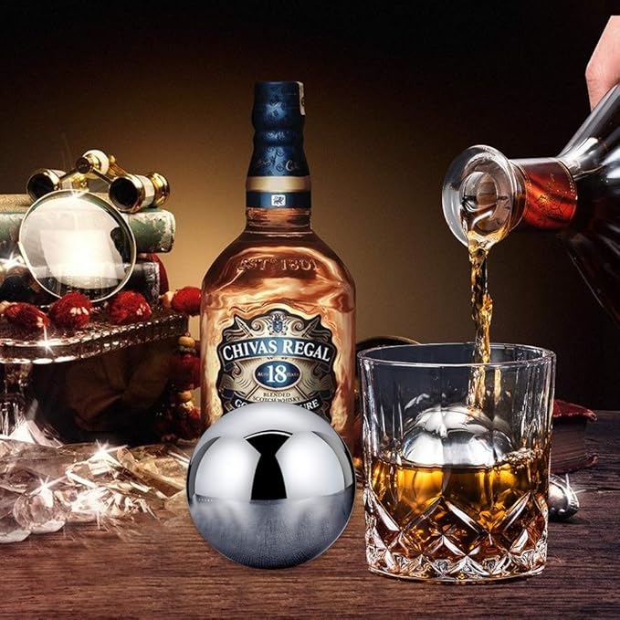 Whiskey Stones 2 Pcs Reusable Metal Ice Cube Large Stainless Steel Round Whiskey Balls Spherical Beverage Chilling Rocks Sphere Golf Ball Scotch Set for Red Wine Bar Beer Scotch Vodka Drinks(55mm)