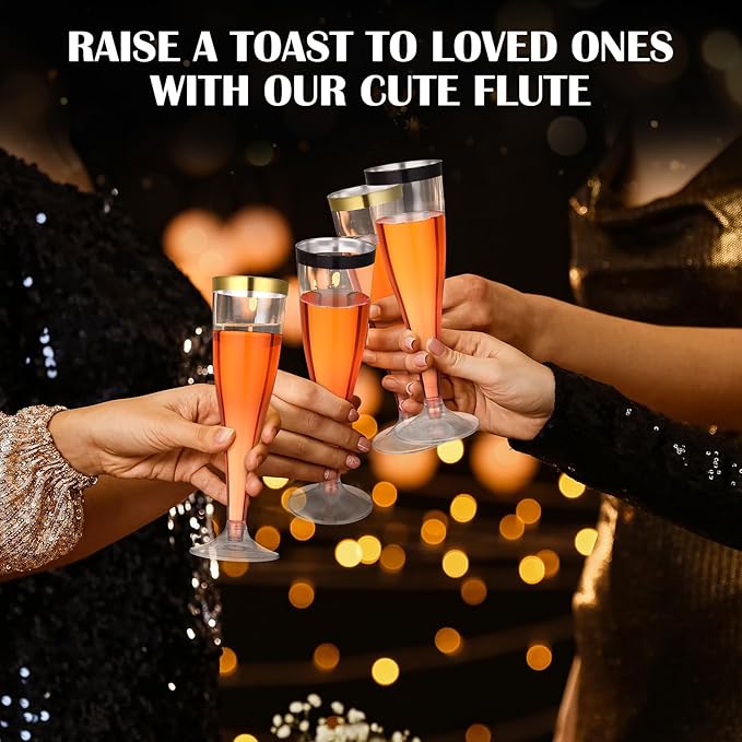 Jingmore 36 Pcs Plastic Champagne Flutes 4.5 oz Clear Disposable Wine Glasses Cocktail Cup Champagne Glass for Wedding Graduation Summer Party Favor Mimosa Bar Supplies (Black,Gold)