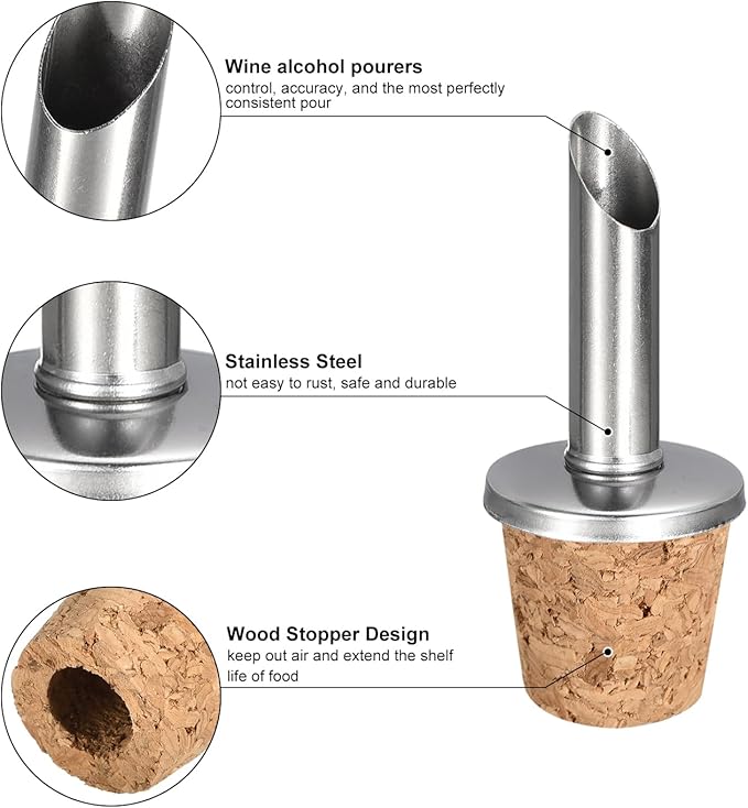 uxcell Stainless Steel Bottle Pourers, 4Pcs Olive Oil Spout Cork Design Wine Bottle Stoppers, Wine Pourers Liquor Pour Spouts for Pours Liquid, Wine, Vinegar, Most Liquor Bottles