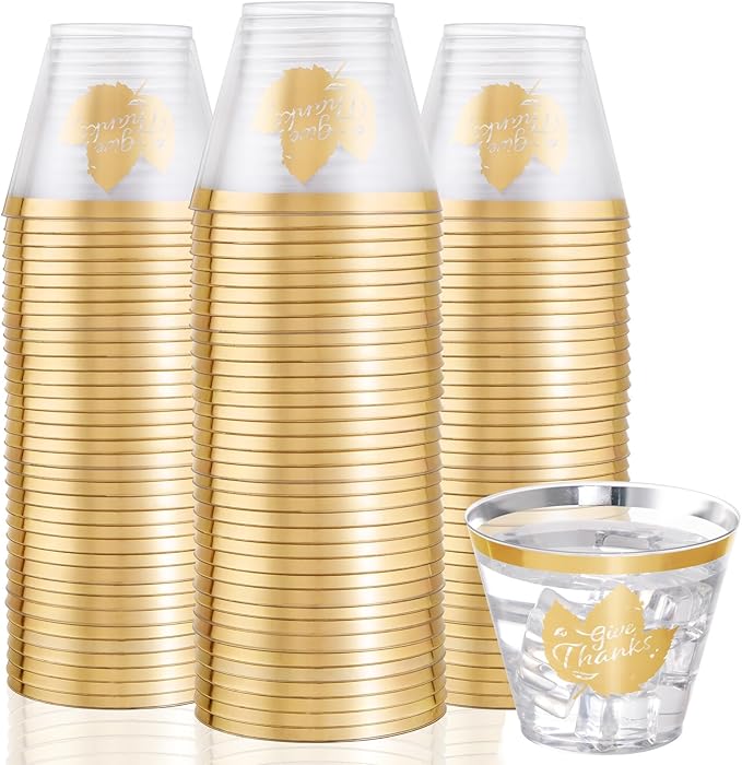 DaYammi 60Pcs Thanksgiving Gold Plastic Cups 9 Oz Gold Rimmed Clear plastic Cups gold Thanksgiving Disposable Party Cups Plastic Drinking Cup Cocktail Glasses Disposable Wine Glasses