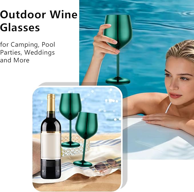 Stainless Steel Wine Glasses Set of 4 Unbreakable Green Wine Glass 18 oz Unique Metal Wine Goblets for Outdoor, Travel, Camping, Pool, Ideal Gift for Wine Lovers