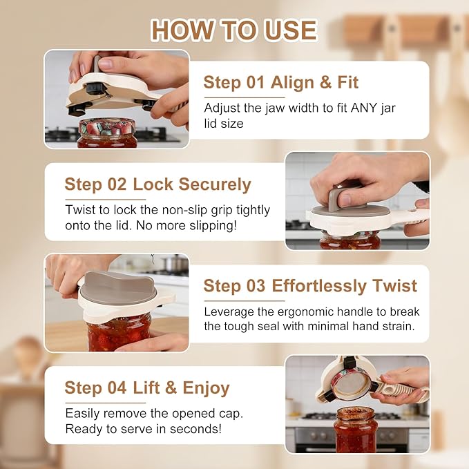 2 Pcs 2026 New 4-in-1 Jar Opener-Adjustable Stainless Steel Lid Remover for Seniors & Arthritis,Non-Slip Grip Fits 1″-3.5″Jars,Bottles & Cans (Brown)