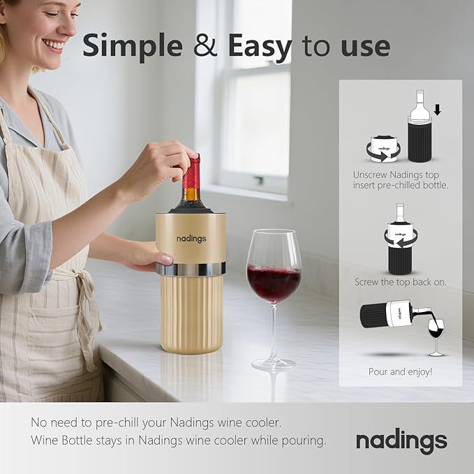 Iceless Wine Chiller - Keeps Cold 6+ Hours, Portable Vacuum Insulated Stainless Steel Champagne Cooler, Fits Most Wine Champagne & Liquor Bottles, Perfect Gift for Wine Lovers (Champagne)