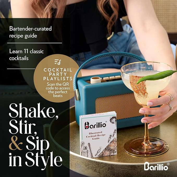 Barillio Black Mixology Bartender Kit with Stand - Cocktail Shaker Set with Bamboo Stand, Boston Drink Shaker, Mojito Muddler, and Drink Mixer Spoon - 9-Piece Bar Tools Set - Bar Accessories for Home