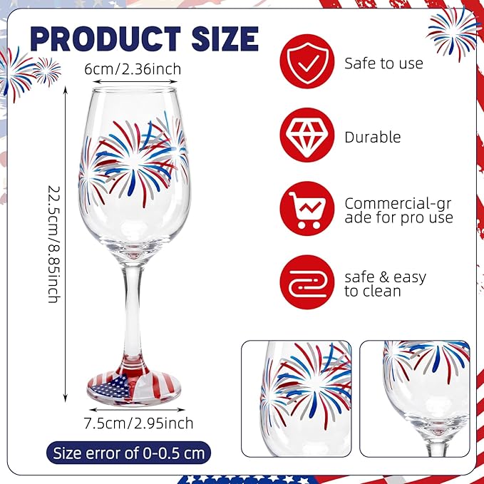 SiliFine 4 Pcs Independence Day 4th of July Party Stemmed Wine Glasses Hand Painted Fireworks USA American Flag Star Drinking Cup Wine Glasses Gifts for Birthday Theme Holiday Party Supplies
