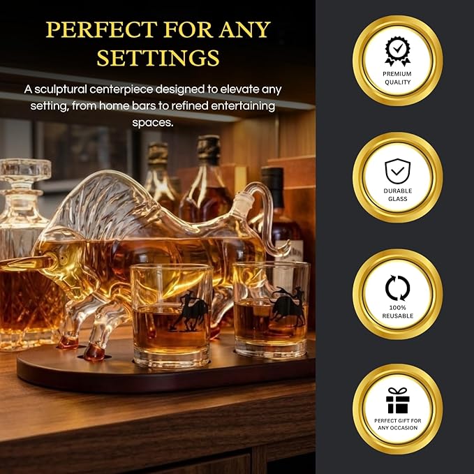 Gifts for Men Dad, Horse Whiskey Decanter Set - Cowboy & El Matador Bull Decanter Set, 33.8oz + 10.1oz Glasses - Western Home Bar Decor Centerpiece, Alcohol Gift for Boyfriend, Husband Birthday Gifts