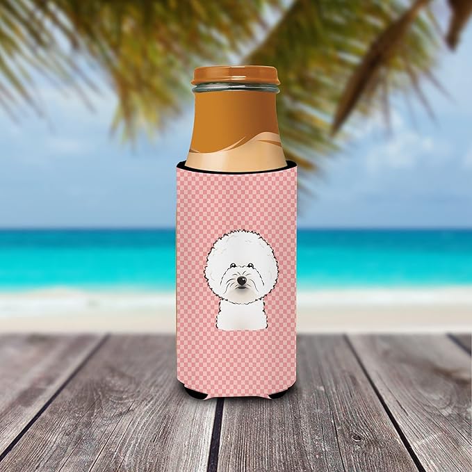 Checkerboard Pink Bichon Frise Ultra Beverage Insulators for slim cans BB1217MUK