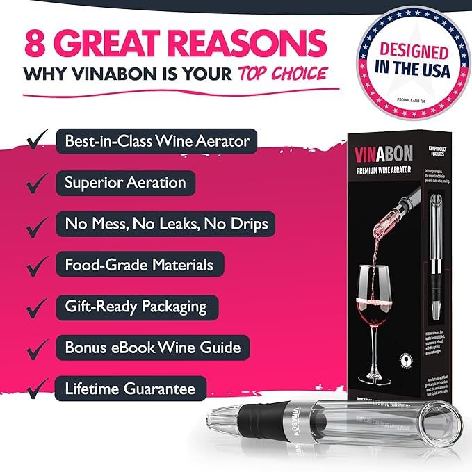 VINABON Wine Aerator - Improved 2026 Wine Aerating Pourer and Wine Air Aerator Decanter Spout for Enhanced Wine Flavor and Bouquet, Includes WineGuide Ebook