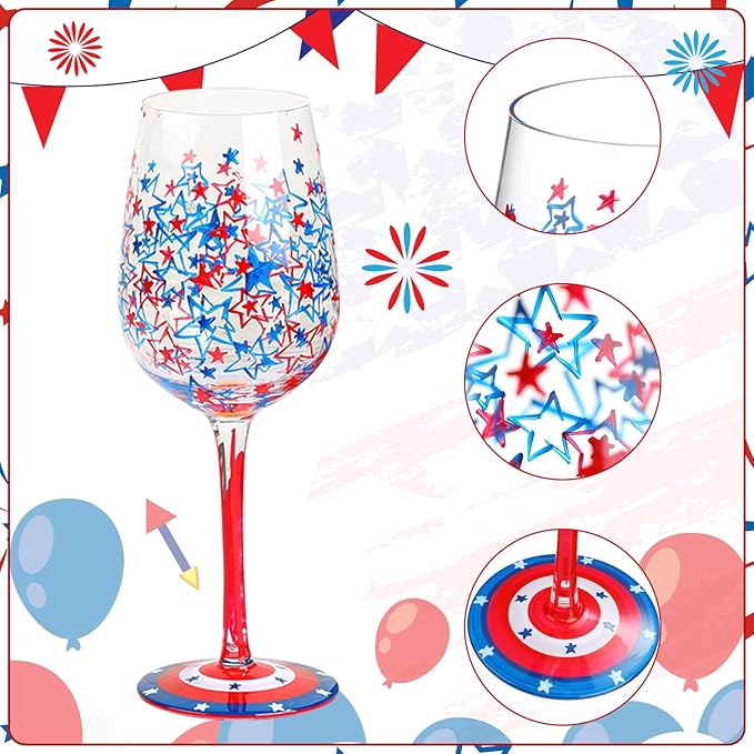 SiliFine 4 Pcs 4th of July Independence Day Party Stemmed Wine Glasses Hand Painted Drinking Cup Wine Glasses Gifts for Birthday Theme Holiday Party Supplies