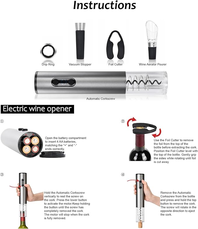 Tirrinia Electric Wine Opener Set, Wine Bottle Cork Remover Accessory Tool Kit with Wine Aerator Pourer,Foil Cutter, Drip Ring and Vacuum Stopper, Perfect Wine Gift, Blue