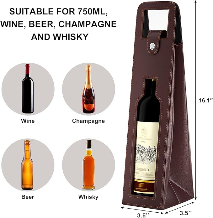 RYDDOY Wine Gift Bag, Reusable Leather Wine Tote Carrier, Single Bottle Champagne Beer Gift Bags Carrier for Birthday, Wedding, Picnic Party, Christmas festival Gifts (Brown)