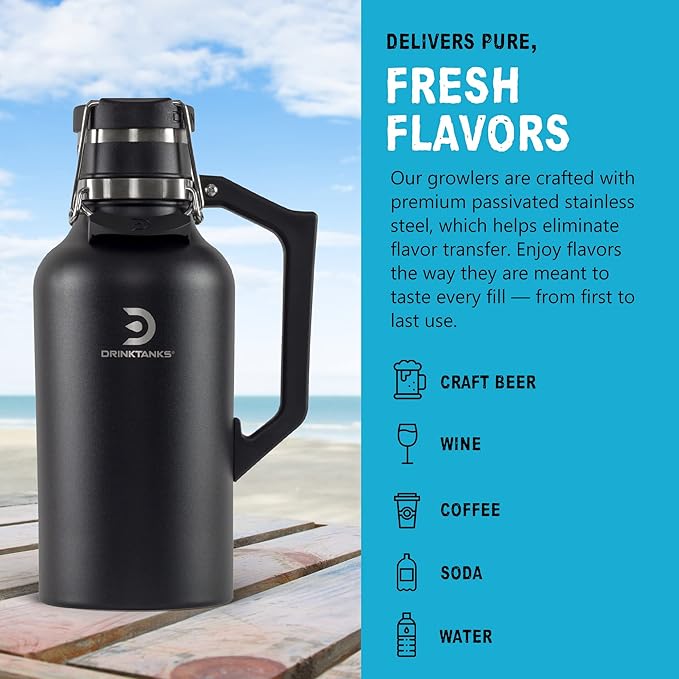 DrinkTanks Craft Growler – 64 oz Vacuum Insulated Stainless Steel Beer Growler with Handle, Leakproof Thermal Beverage Tumbler for Beer, Wine, Coffee, Soda, Kombucha – Reusable & BPA-Free – Obsidian