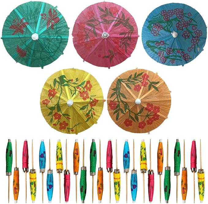 120Pcs Assorted Bamboo Wooden Cocktail Umbrella Picks - 3.9in (10cm) Colorful Parasol Toothpicks for Tropical Drinks, Cupcake Toppers, Tiki Bars, Pool Parties, Luaus, and Summer Events - by Mobi Lock