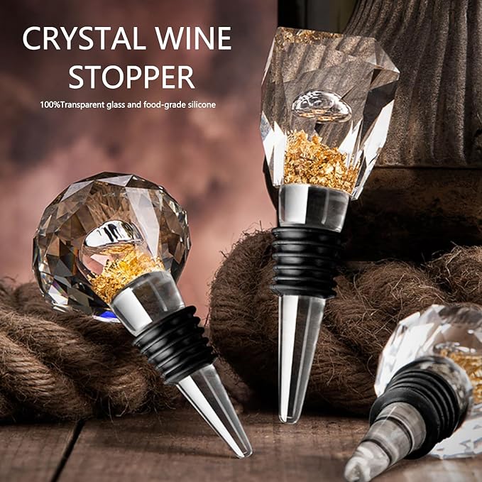Halyhun Rustproof Glass Diamond Wine Stopper 1pcs, Decorative Crystal Wine and Beverage Bottle Stopper for Kitchen, Elegant Wine Stopper with Gold Foil décor, Made of Premium Glass and Silicone, Clear