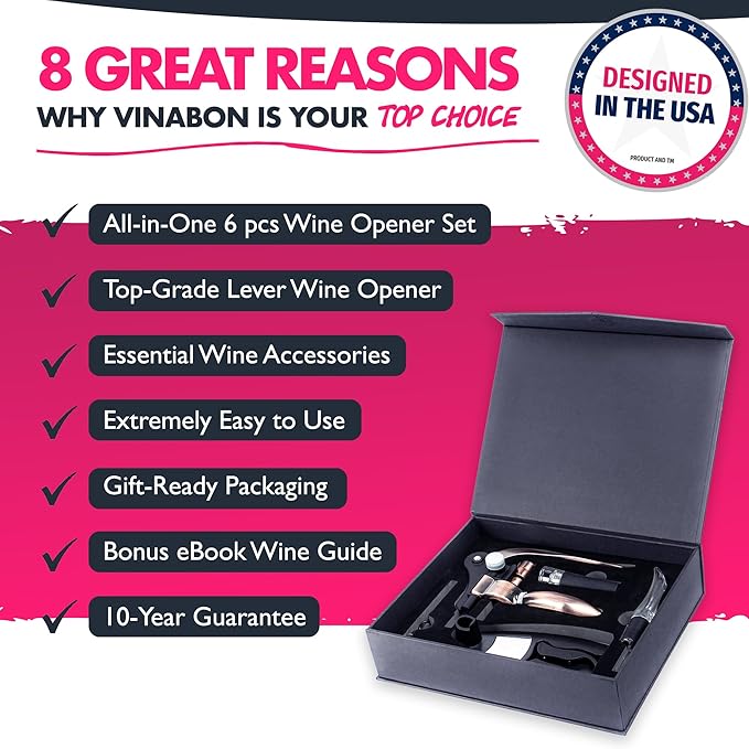 VINABON Wine Opener Set - Updated 2026 All-in-One Wine Bottle Opener Set with Wine Aerator, Foil Cutter, Stopper, Stand - Manual Lever Corkscrews Wine Opener for Wine Bottles with WineGuide eBook