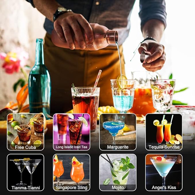 23 Piece Cocktail Shaker Set Bartender Kit with Acrylic Stand & Cocktail Recipes Booklet, Professional Bar Tools for Drink Mixing, Home, Bar, Party (Include 4 Whiskey Stones) - Gold Rose