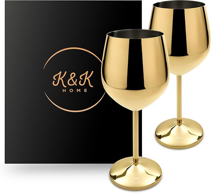 K&K Home Gold Stainless Steel Unbreakable Wine Glasses - 18 oz - Set of 2 Colored, Stemmed Metal Wine Glasses Perfect for Outdoors, Weddings, and Parties (Gold, Set of 2)